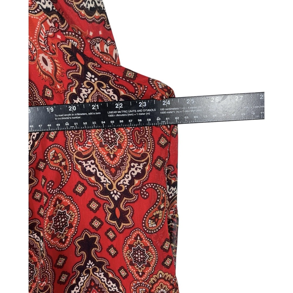 FIG & FLOWER Sz 2X Top Sheer Boho Red Paisley Snakeskin Print Peasant Blouse Tie - Picture 4 of 9